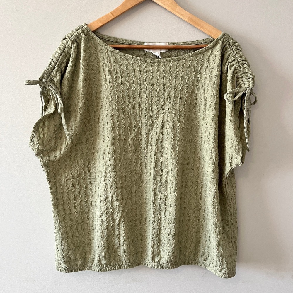 French Laundry Textured Blouse Sage Green 1X Tie Shoulder Elastic Hem Blouson